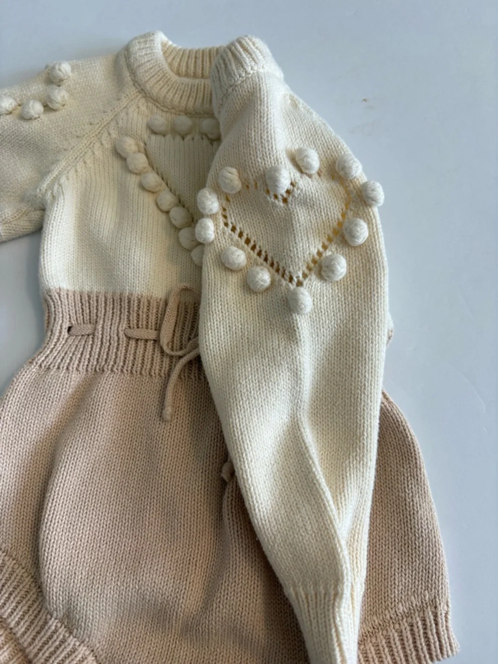 Cream & Beige Pom-Pom Heart Knit Sweater Onesie 12-18months